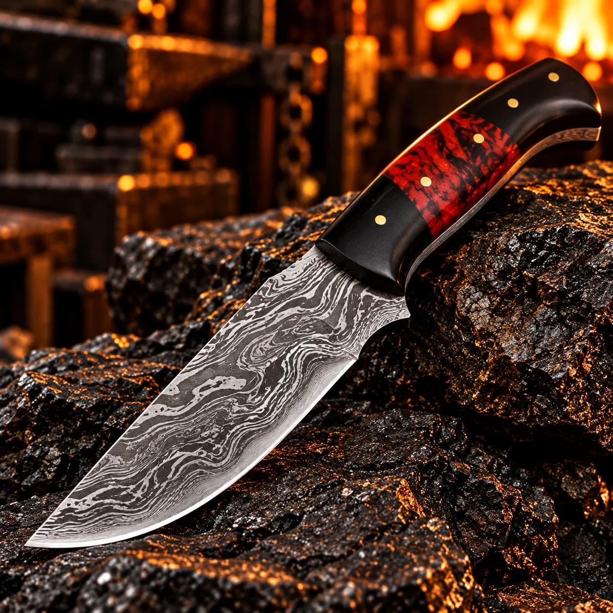 Close-up of the patterned Damascus steel blade