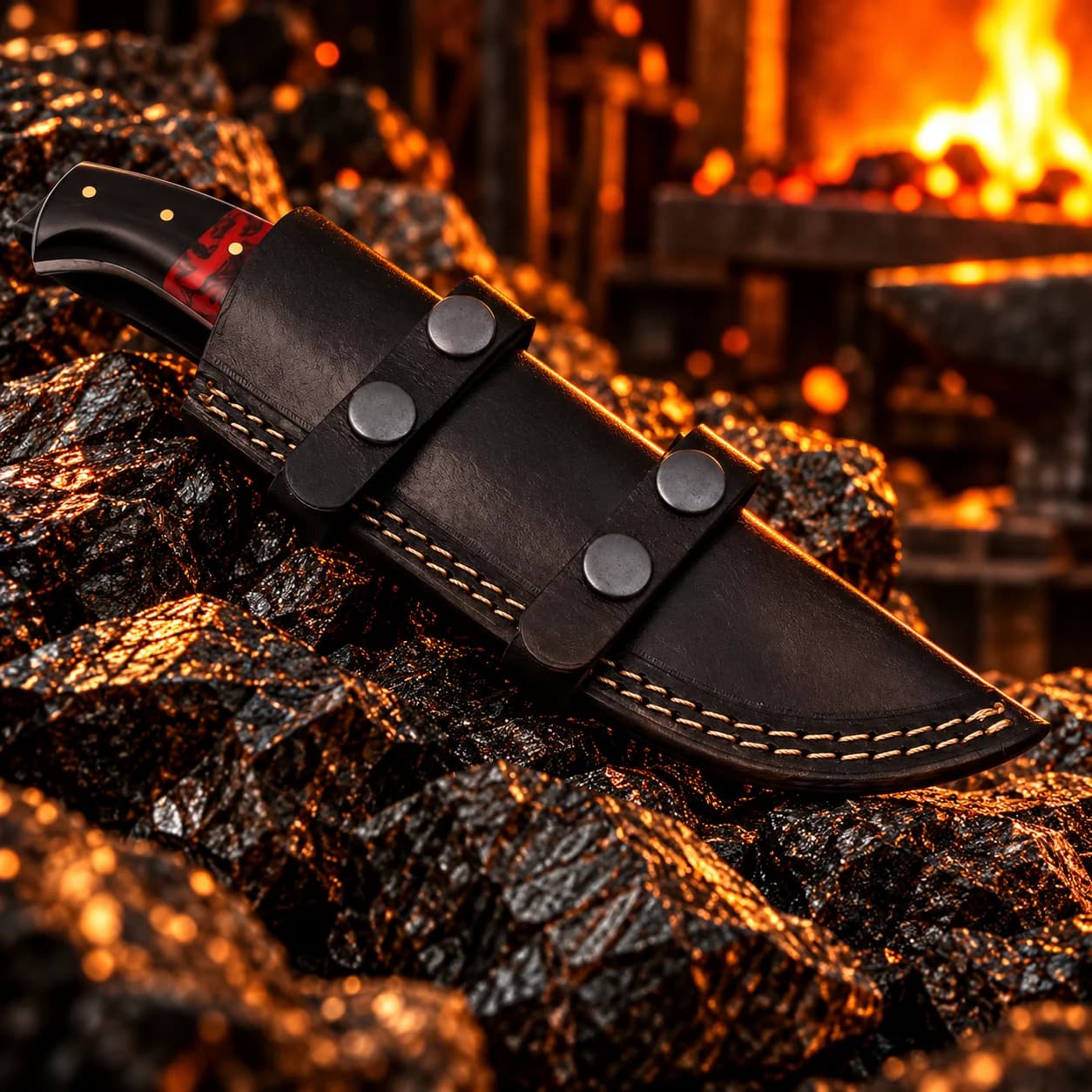 Angled view of the handmade Damascus skinner knife