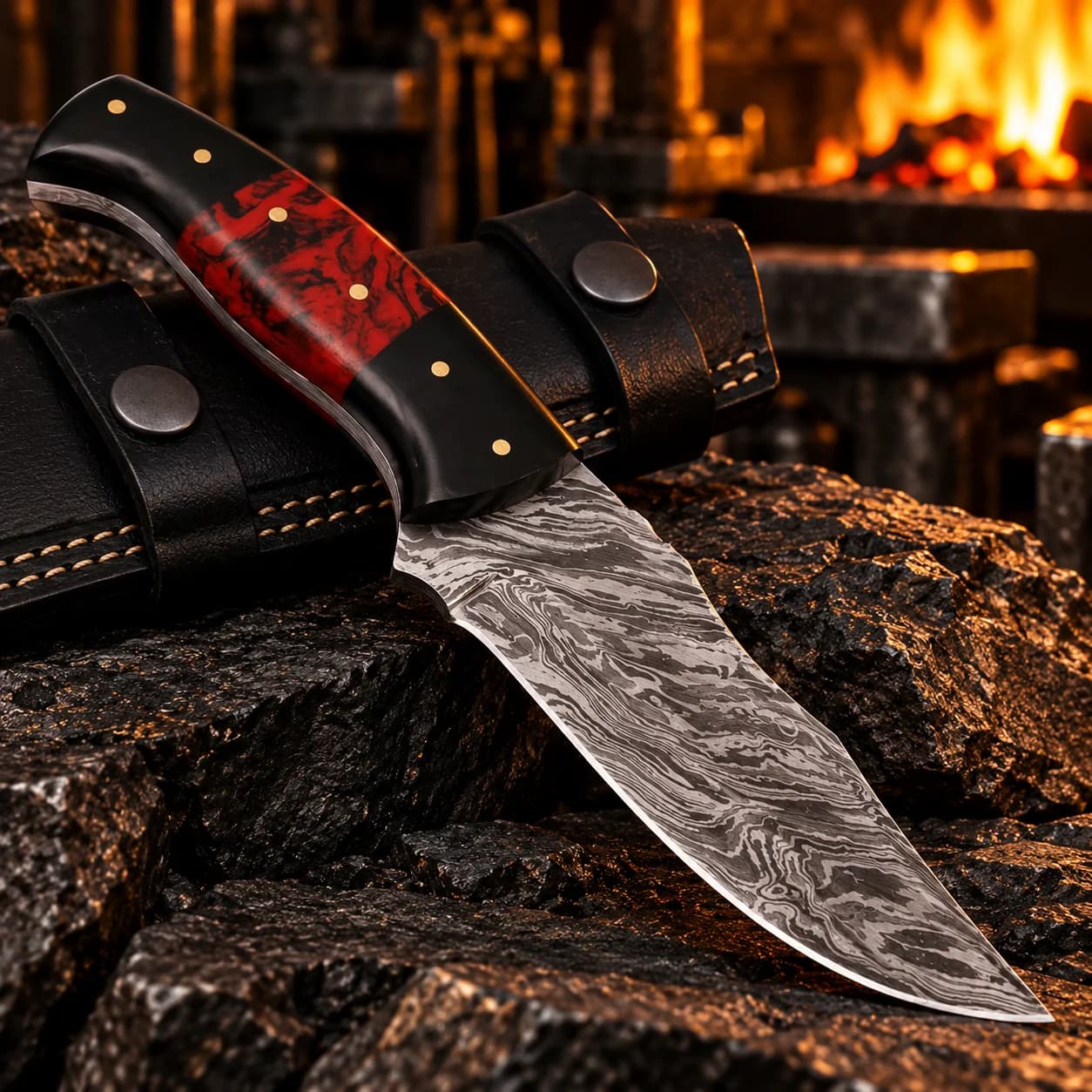 Black leather sheath with stitched edges and fastening straps