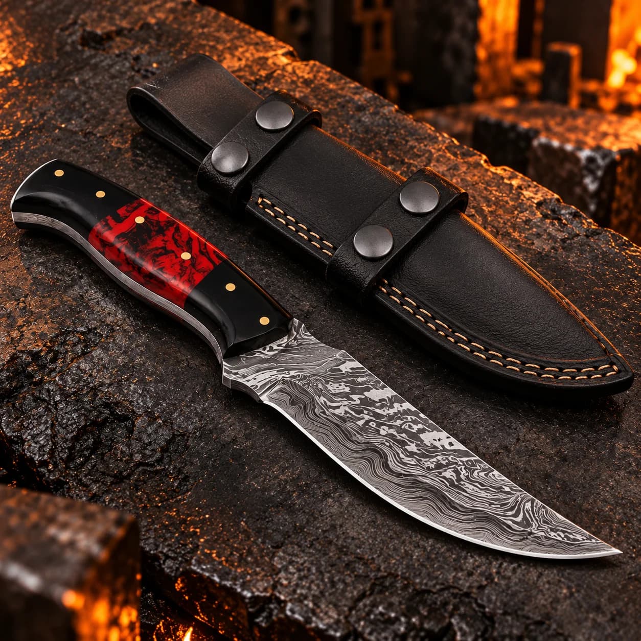 Damascus skinner knife displayed with its leather sheath