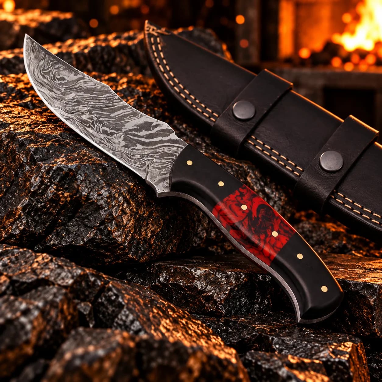 Damascus steel skinner knife with a red and black resin handle