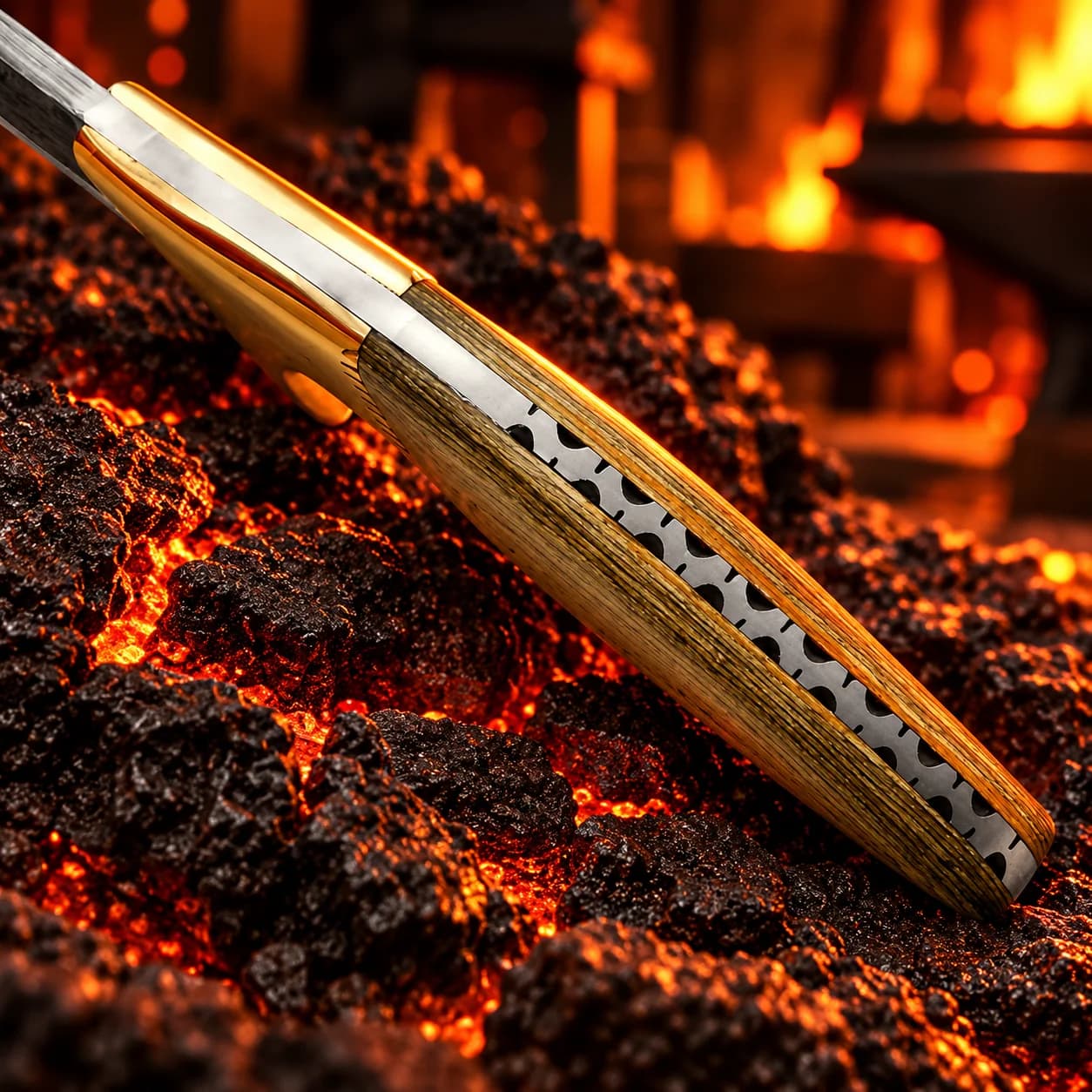 Close-up of the rain-drop Damascus steel blade pattern