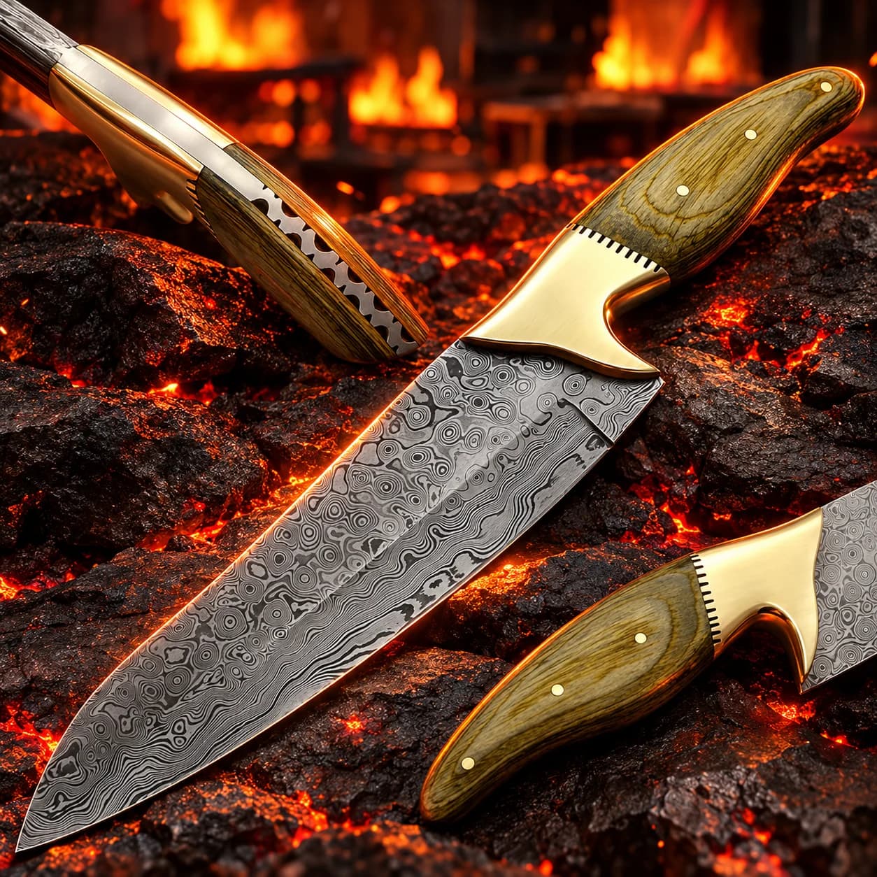 Angled view of the handmade Damascus chef knife