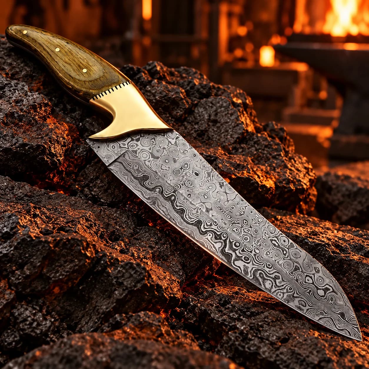 Custom handmade Damascus chef knife with a polished patterned blade and wood handle