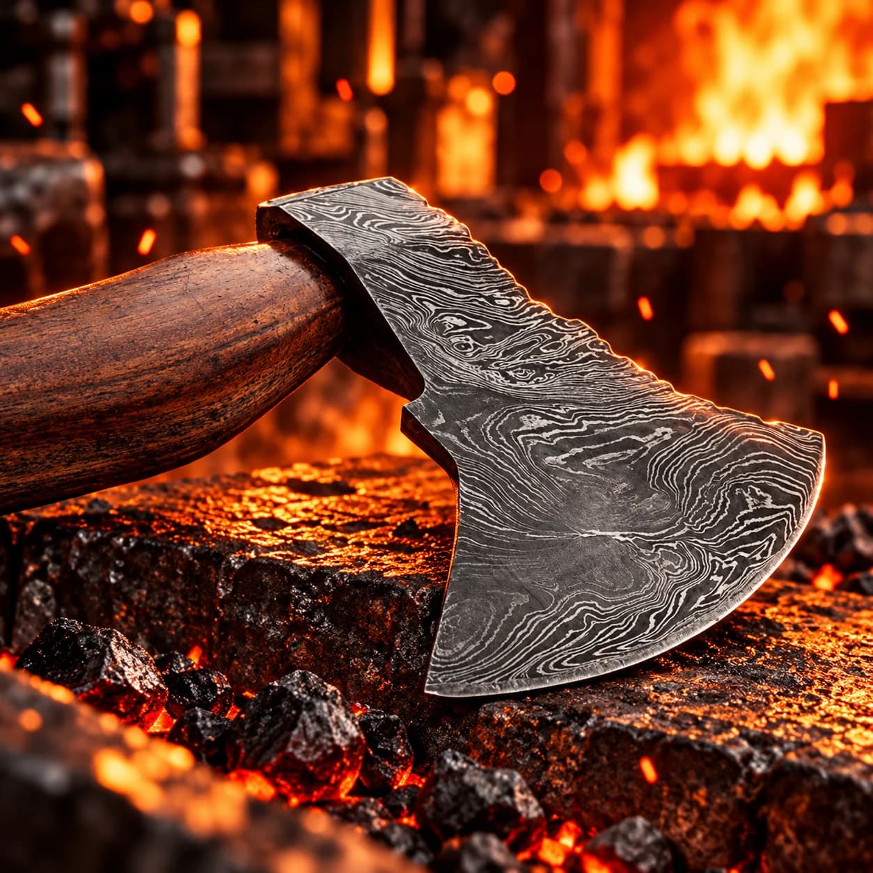 Close-up of the Damascus steel axe head