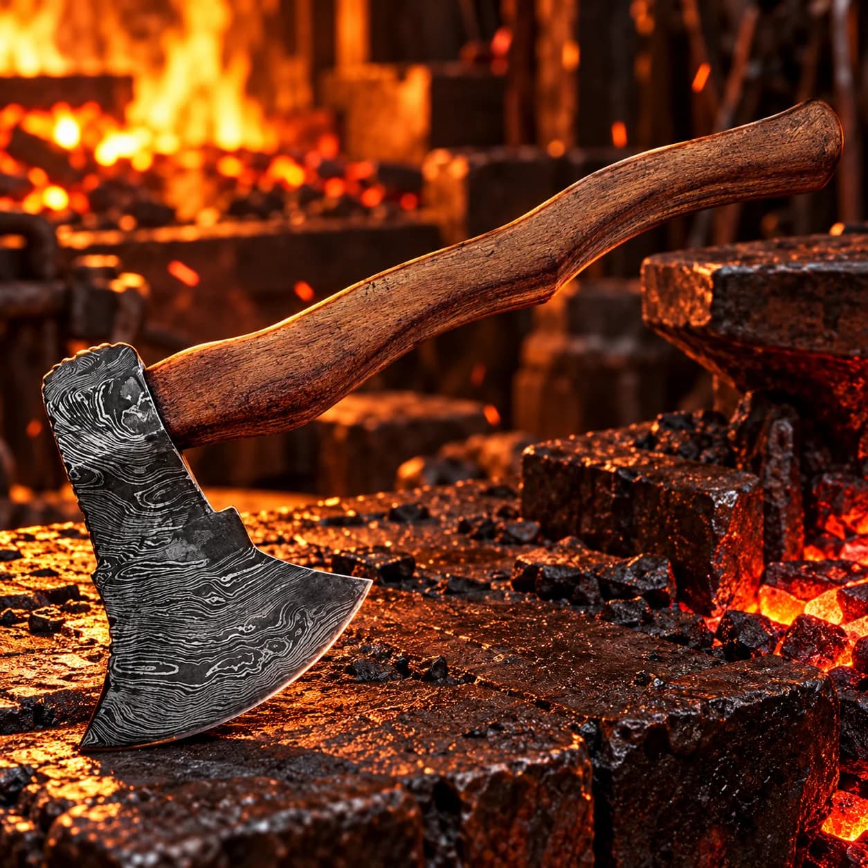 Detailed view of the wooden rosewood axe handle