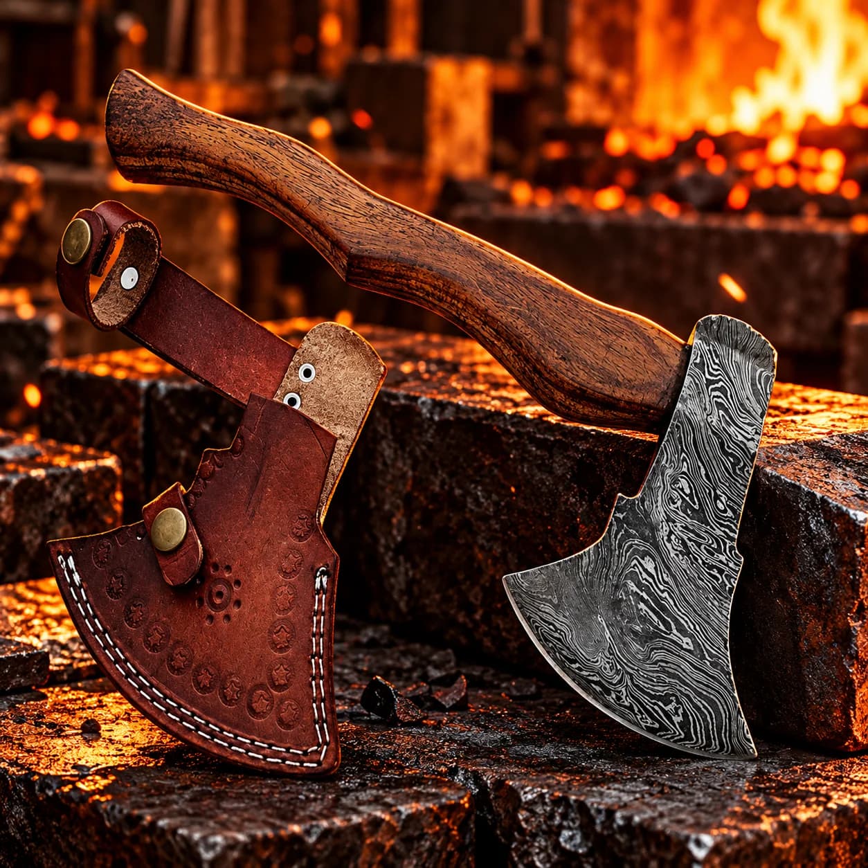 Angled view of the handmade Damascus steel axe