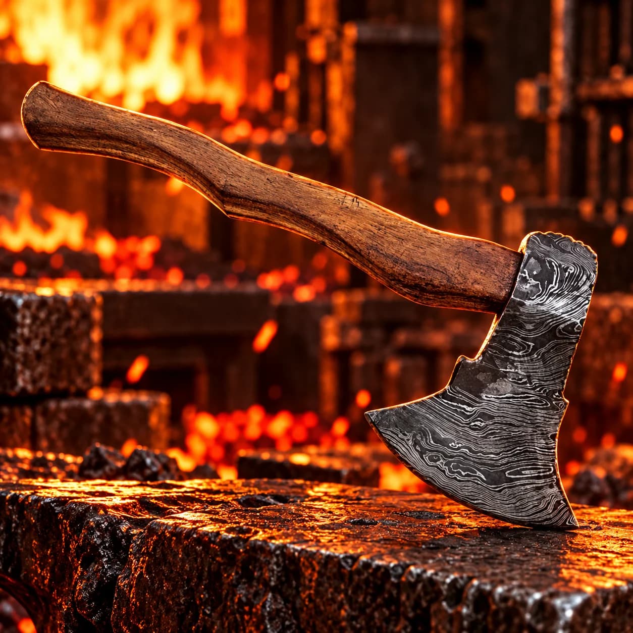 Damascus steel axe displayed with its leather sheath