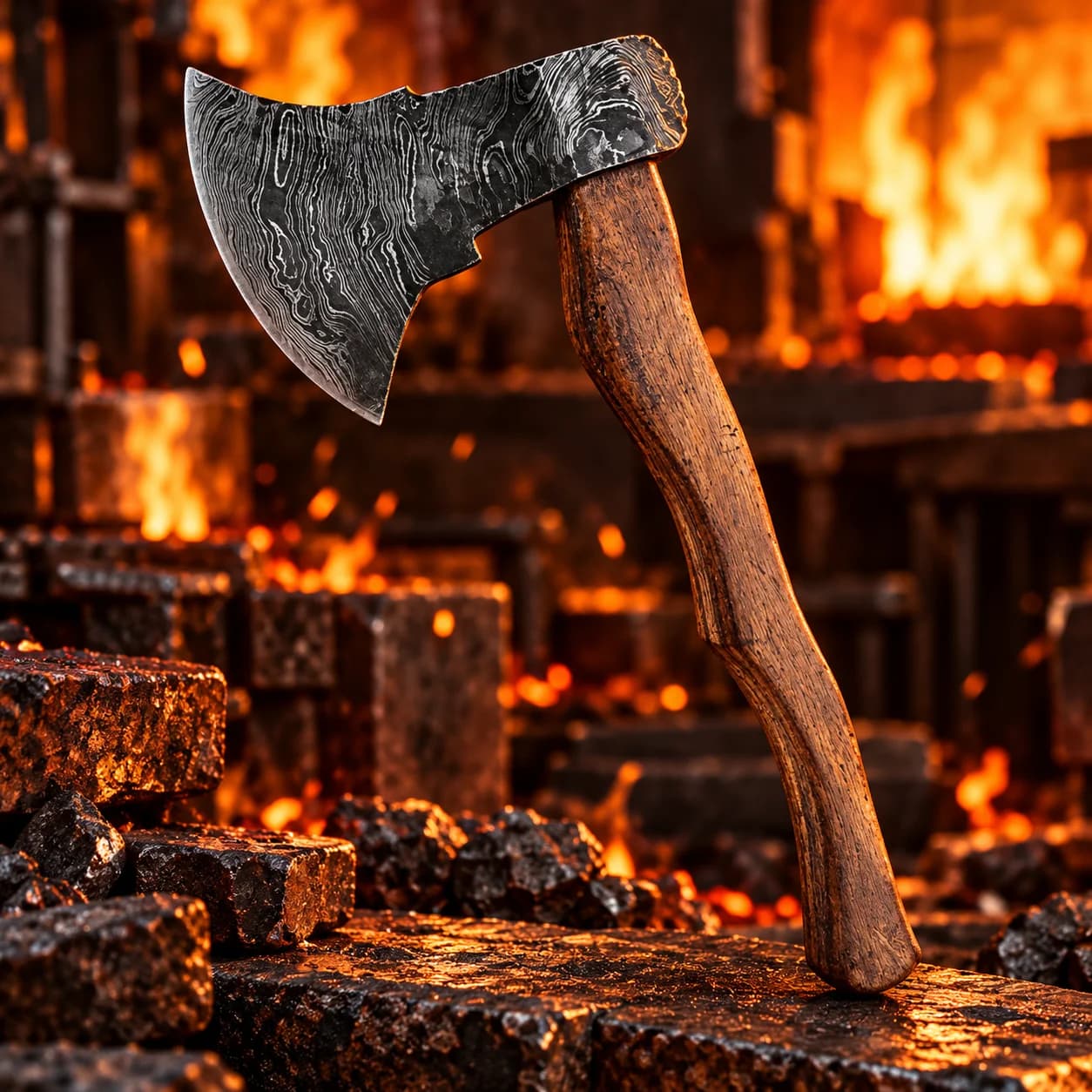 Custom handmade Damascus steel axe with a wooden handle