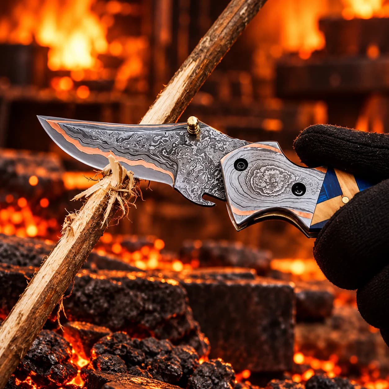 Close-up of the twisted Damascus steel blade