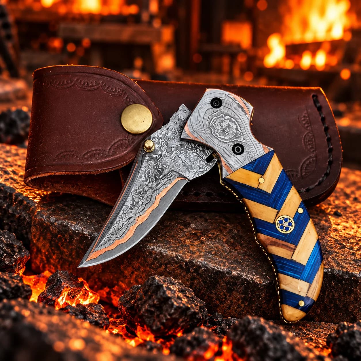 Detailed view of the pocket knife handle and pins