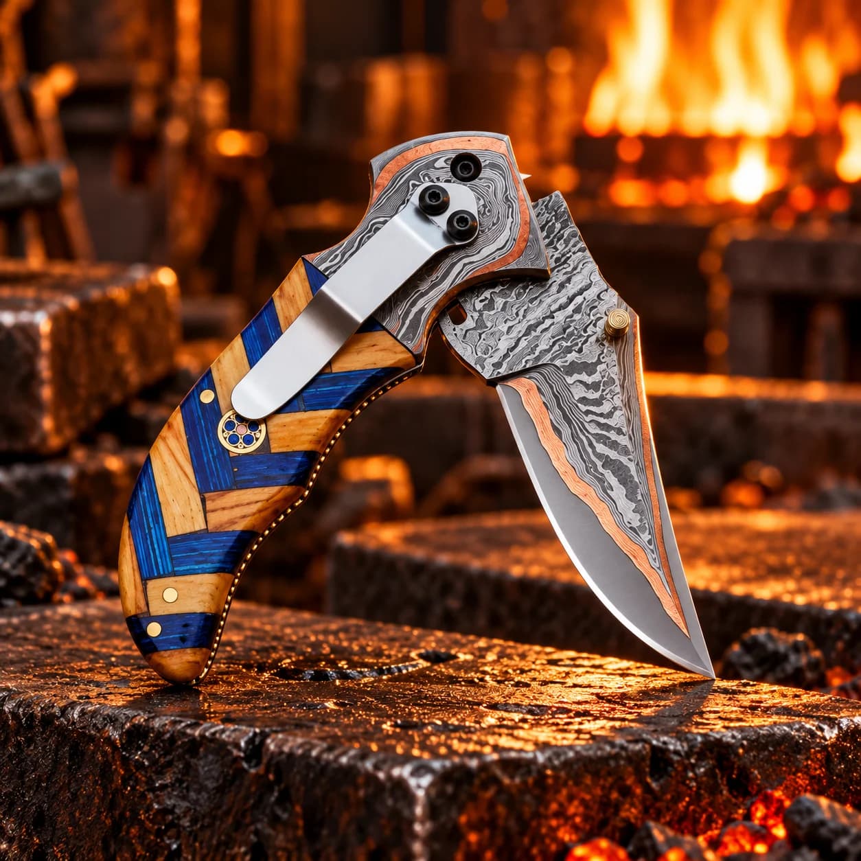 Angled product view of the handmade Damascus pocket knife