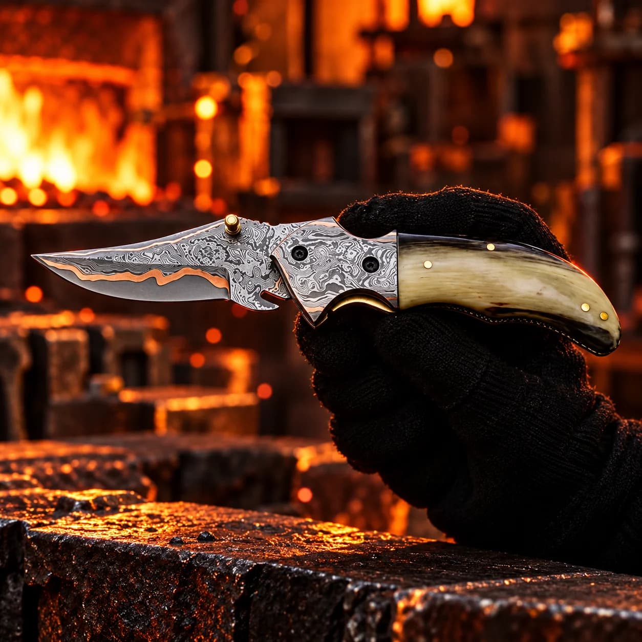 Damascus pocket knife displayed with its leather sheath