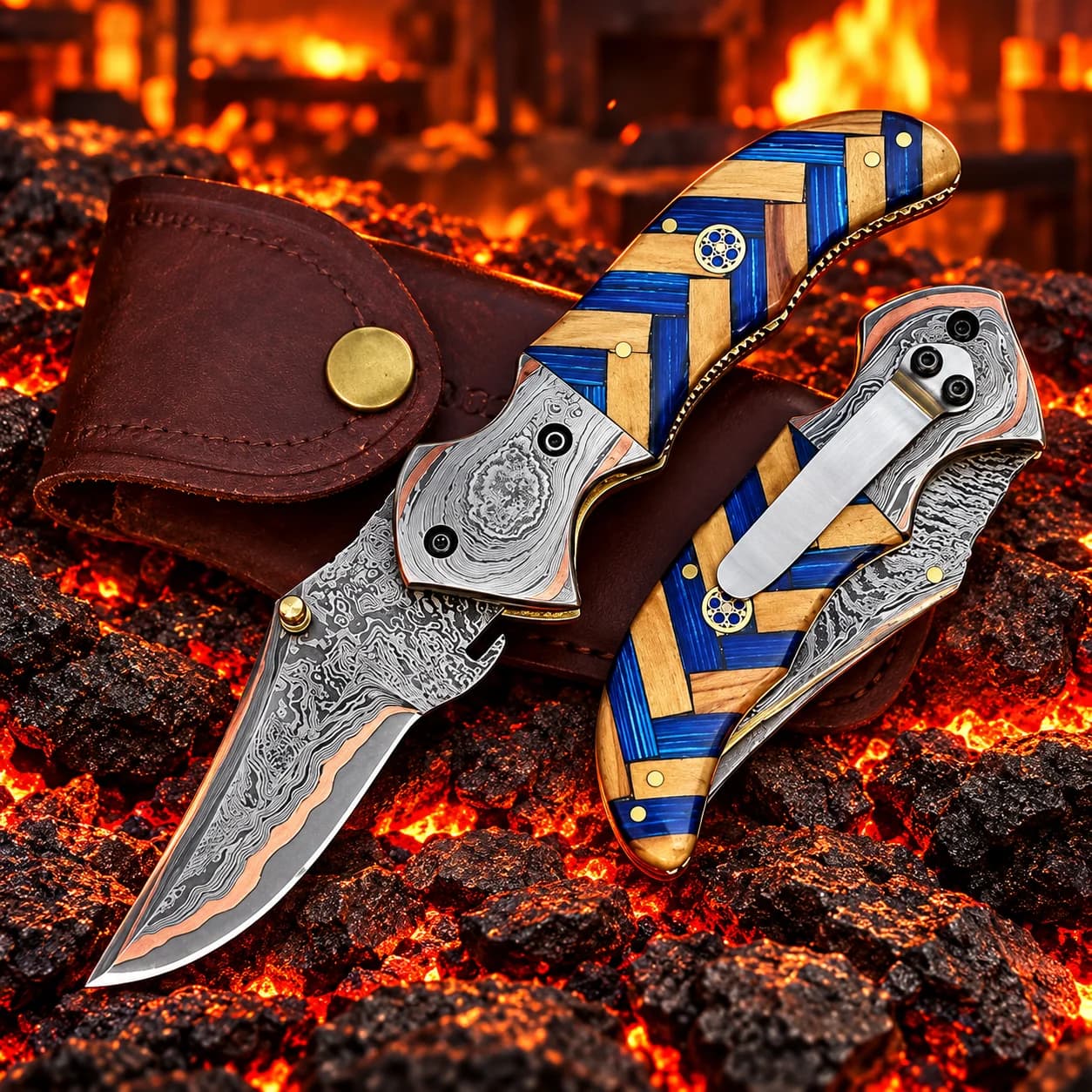 Custom handmade Damascus pocket knife with a resin handle