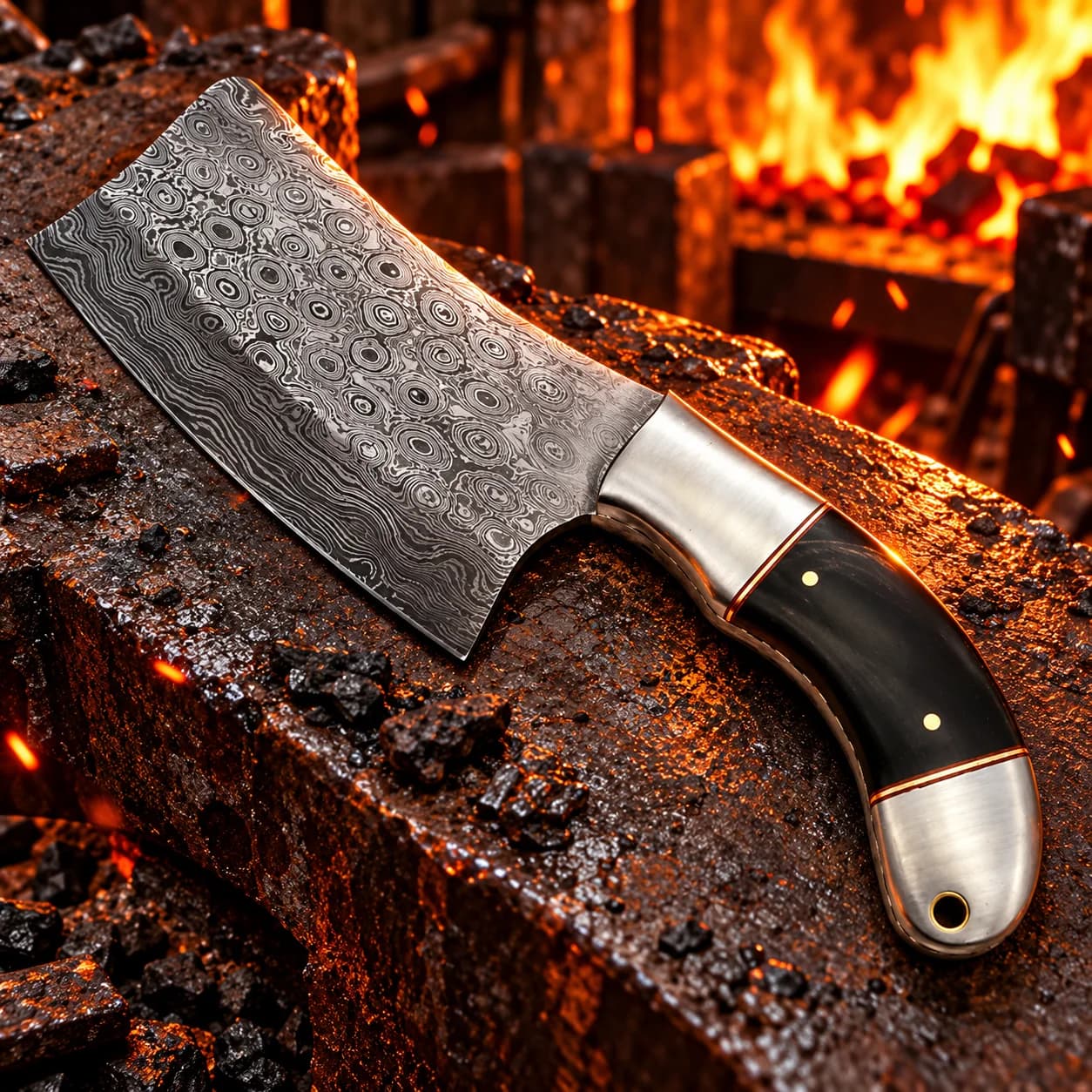 Angled view of the handmade Damascus steel chef cleaver