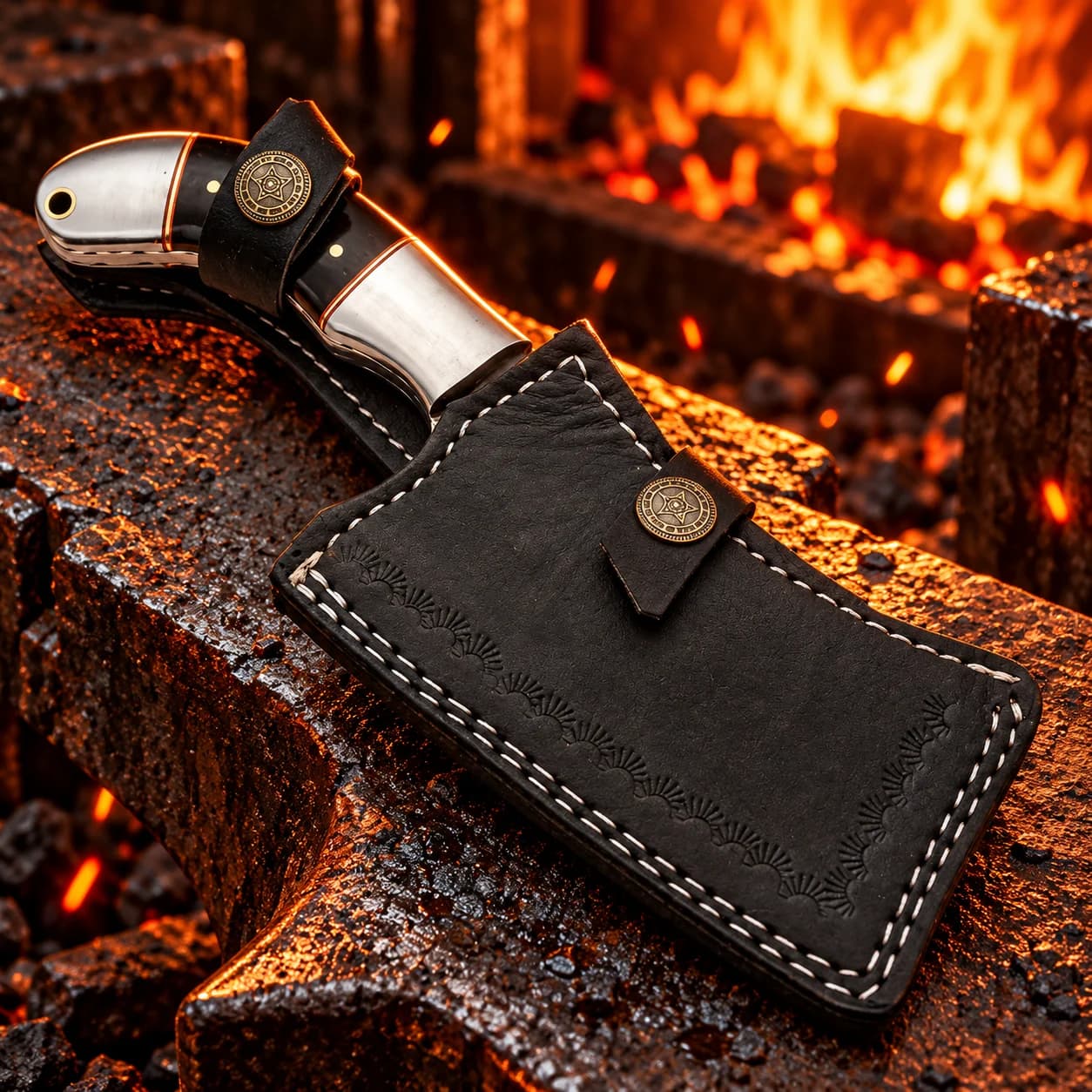Hand-stitched leather sheath for the Damascus chef cleaver