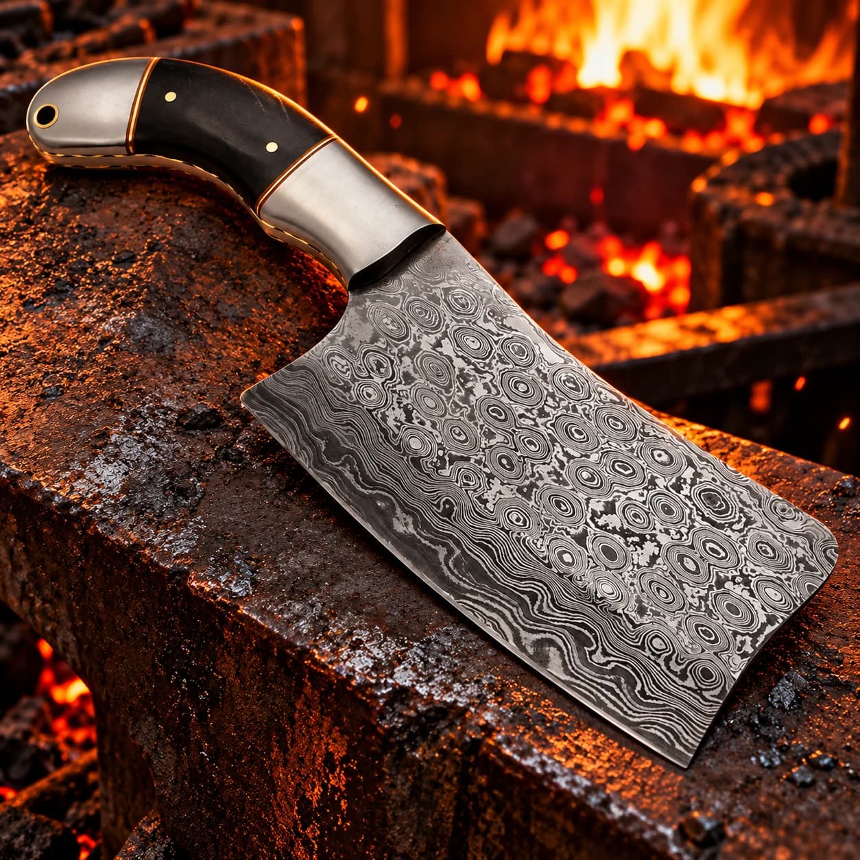 Handmade Damascus steel chef cleaver with a distinctive patterned blade