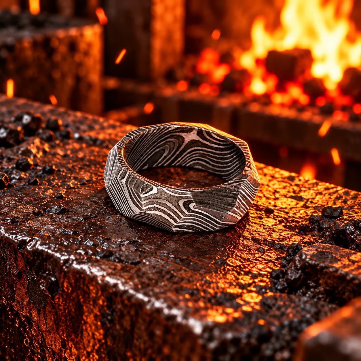 Close-up of the Damascus steel ring pattern