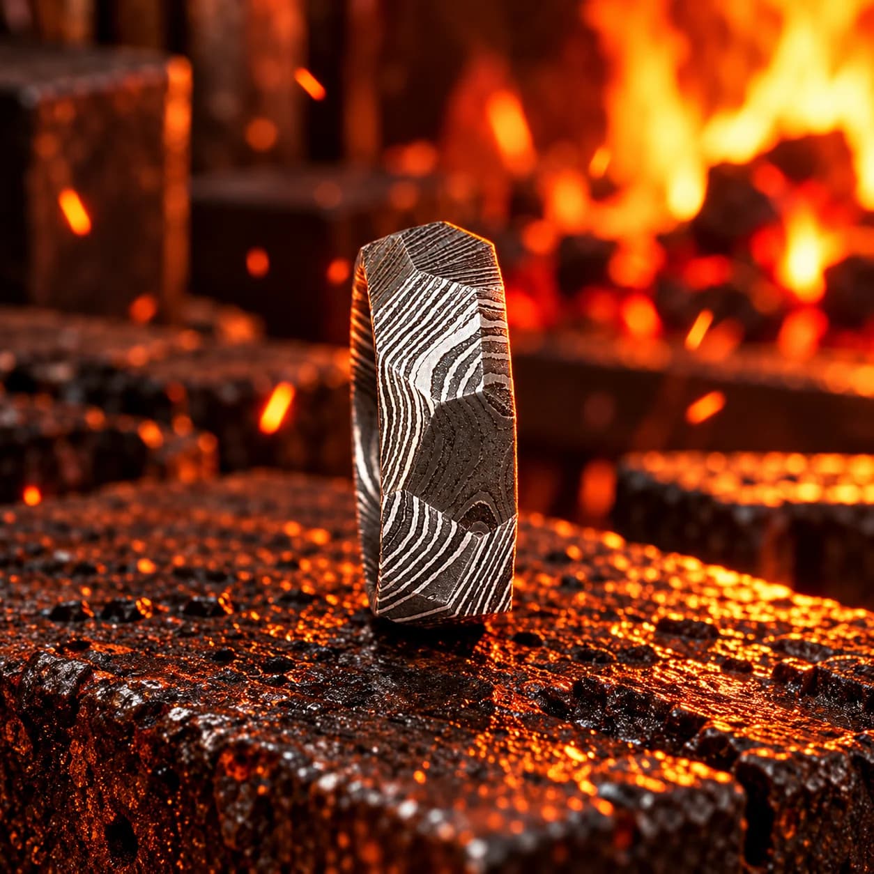 Angled view of the handmade Damascus steel ring