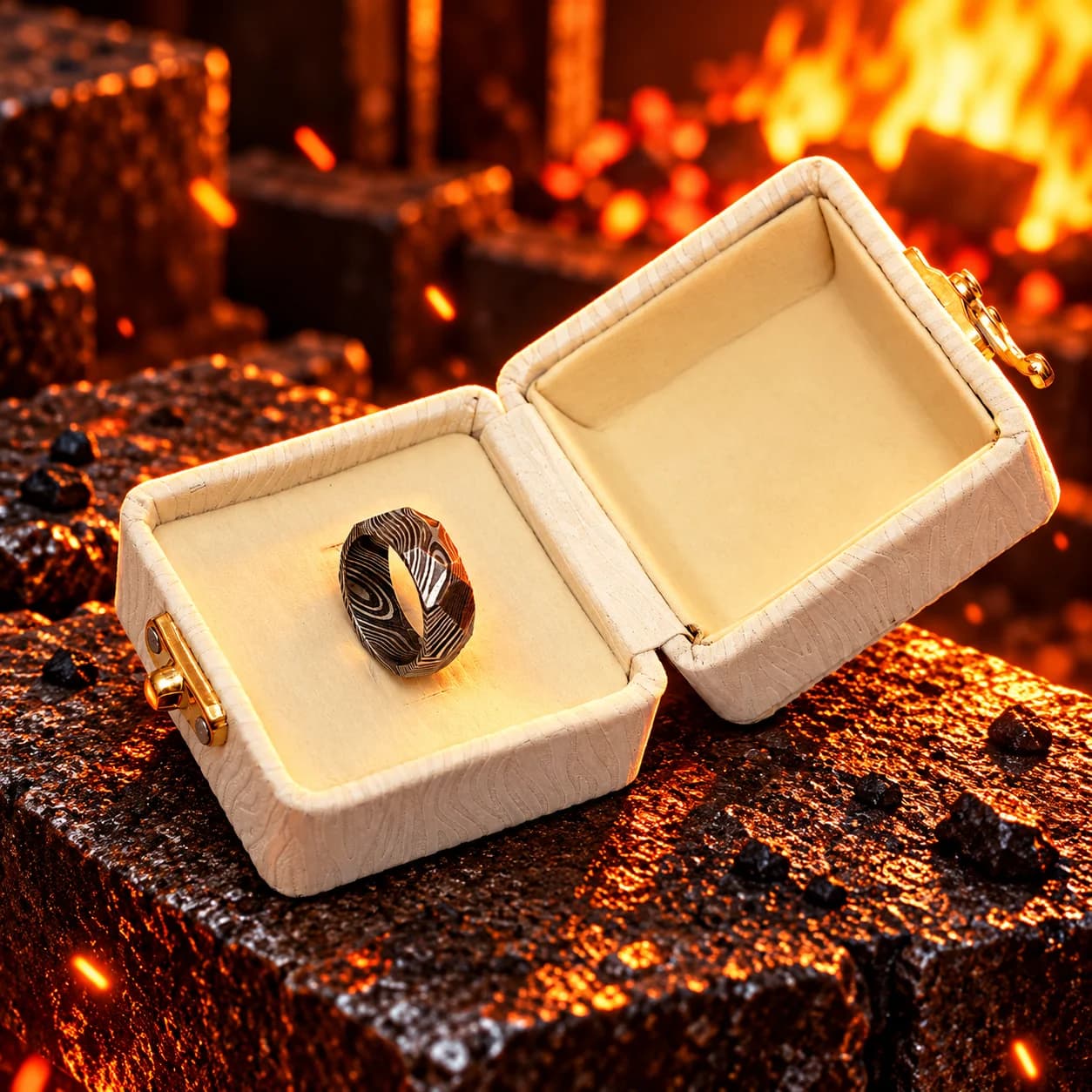 Damascus steel ring with its presentation box