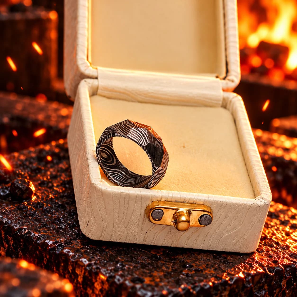 Gift presentation of a custom Damascus steel ring