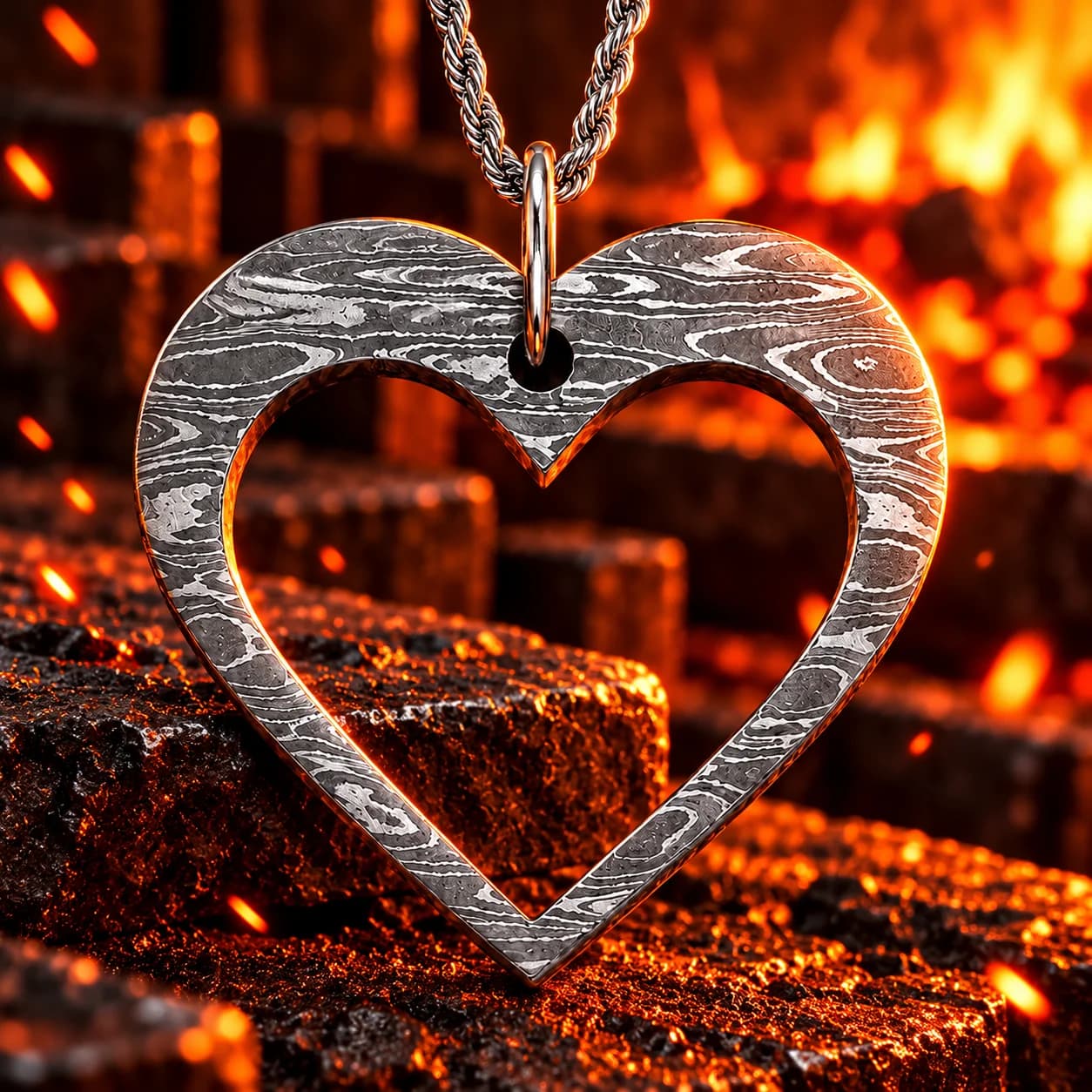 Close-up of the Damascus steel heart pendant pattern
