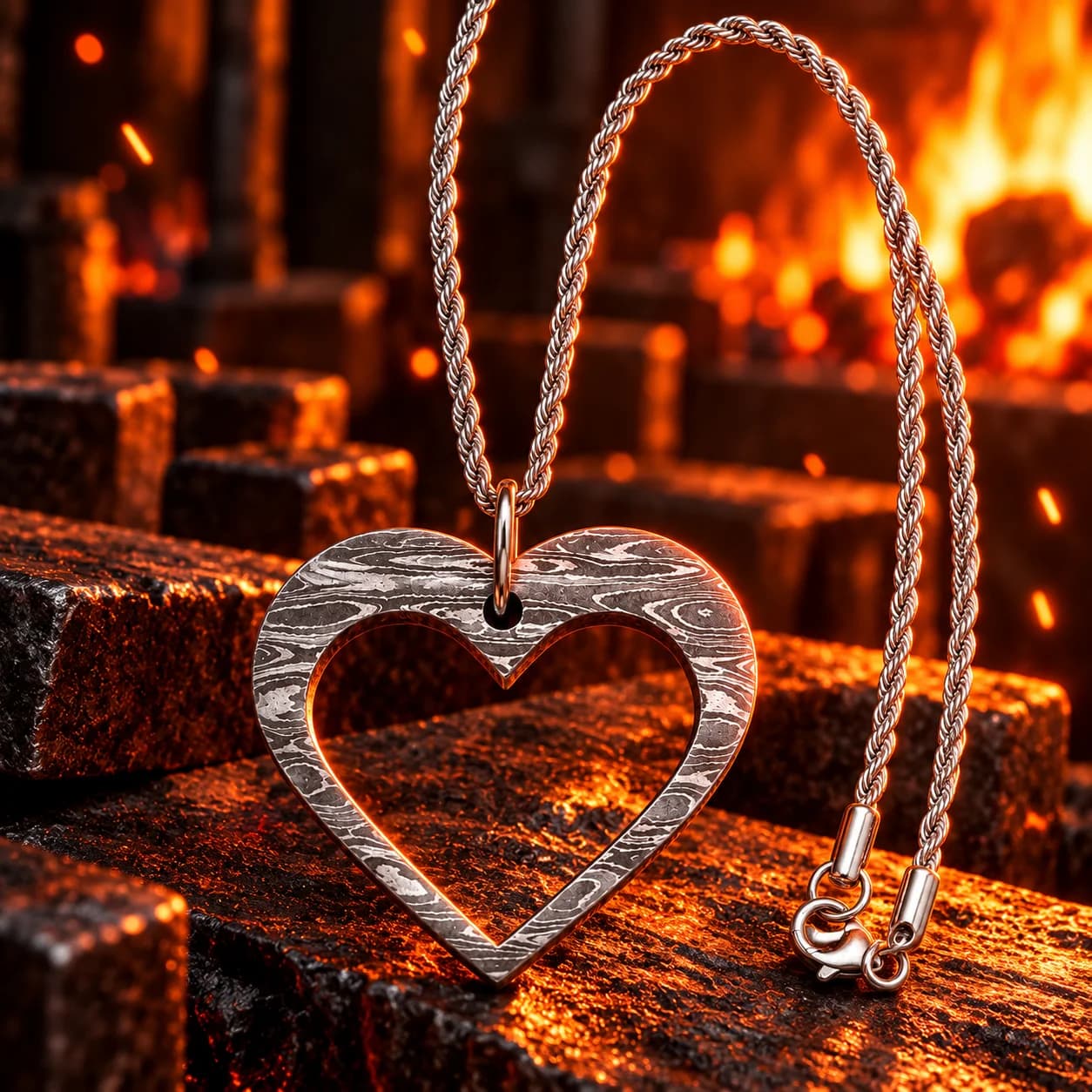 Angled view of the handmade Damascus heart pendant