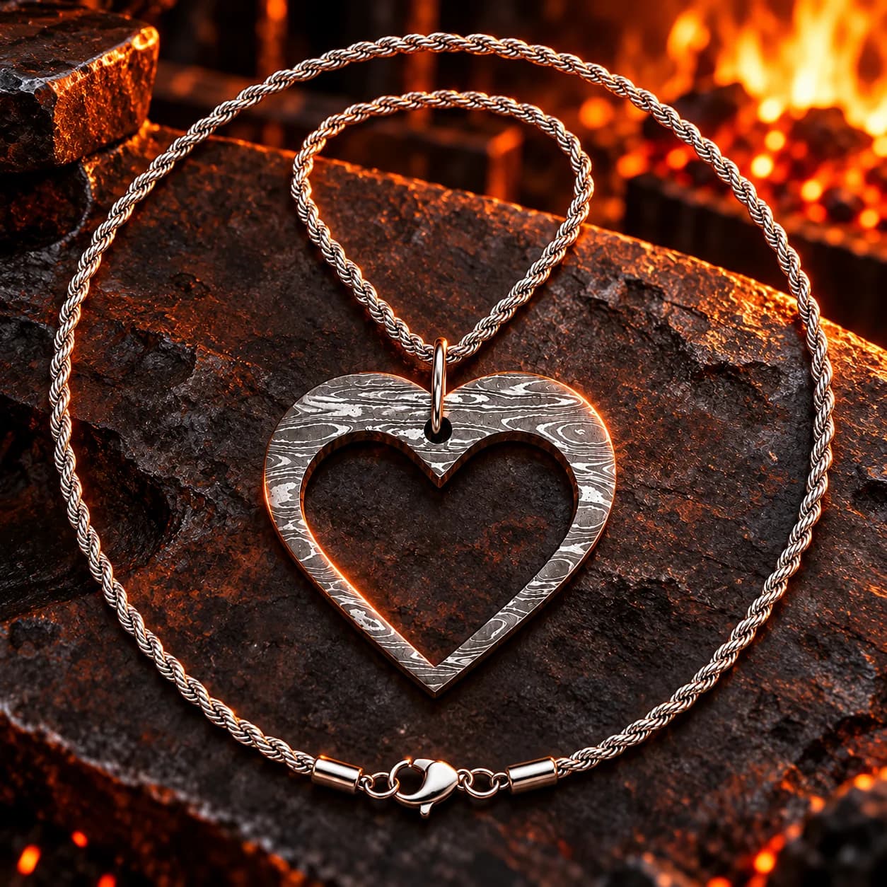 Damascus steel heart pendant presented in a gift box