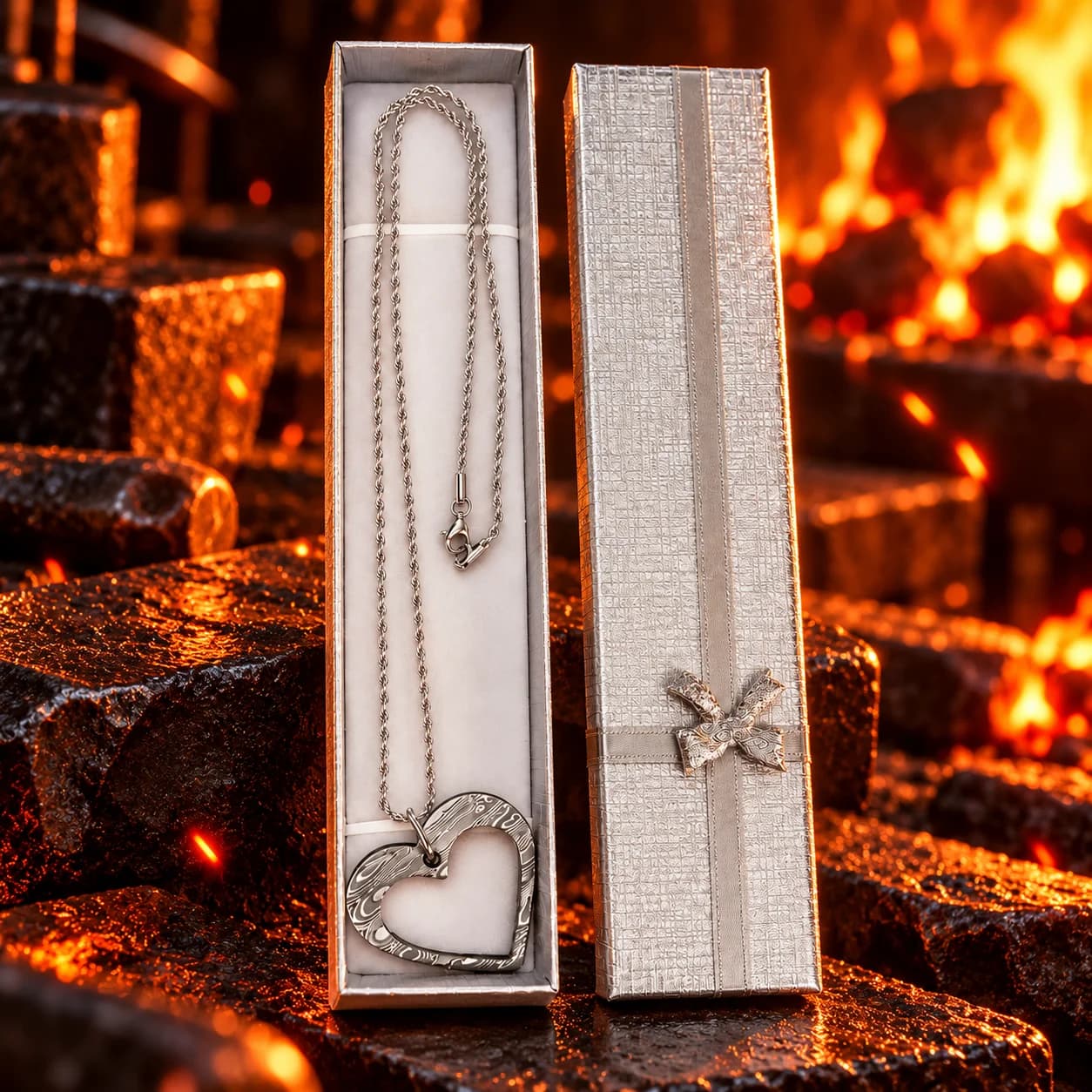 Personalized Damascus heart pendant gift presentation