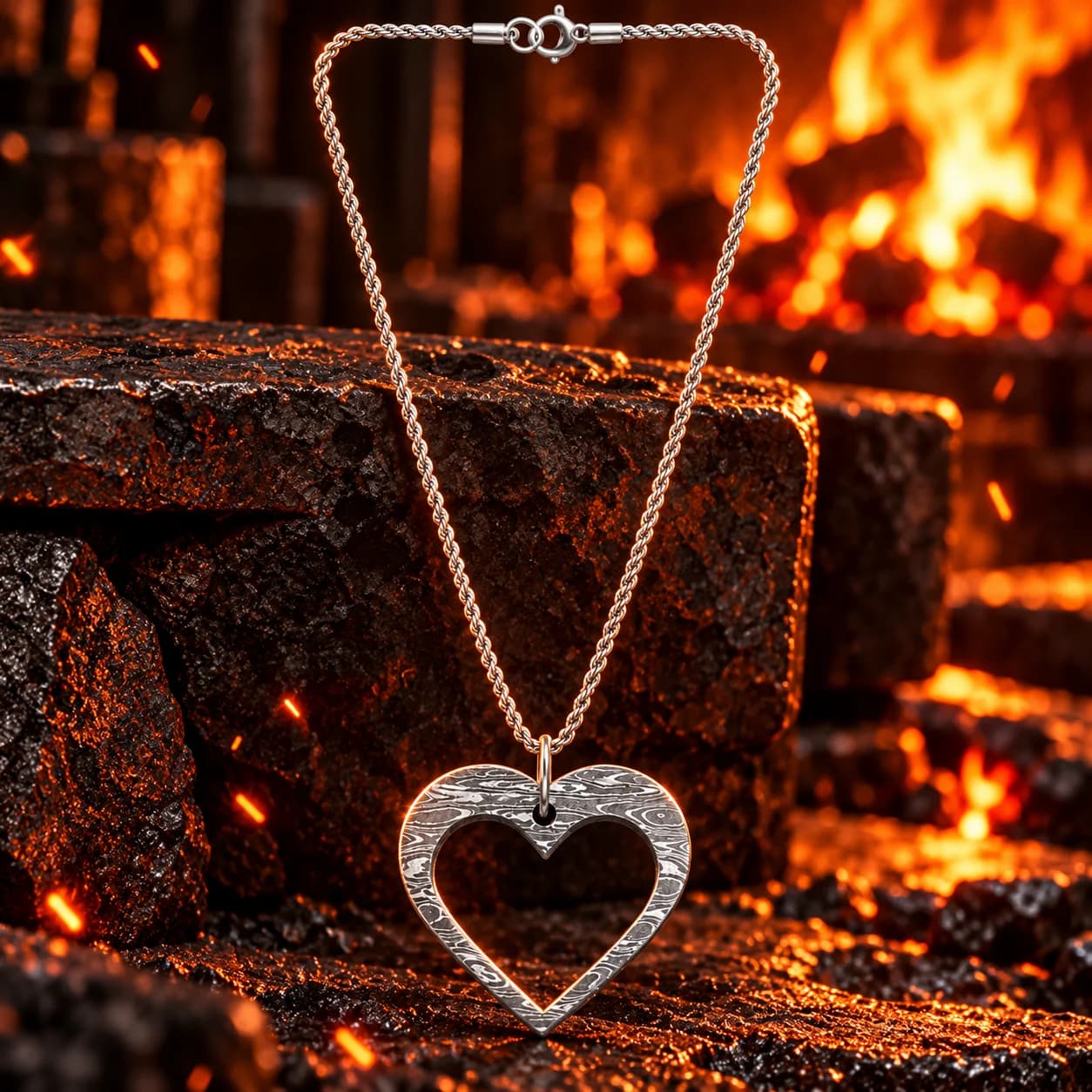 Handmade Damascus steel heart pendant necklace