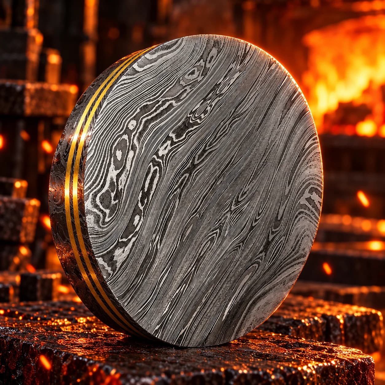 Close-up of the patterned Damascus steel ashtray surface