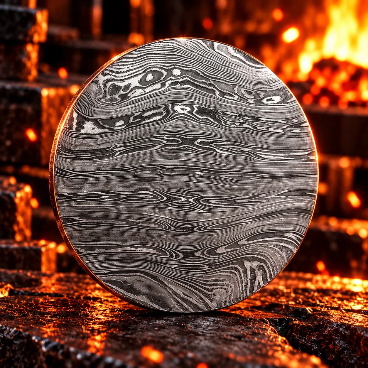 Angled view of the modern Damascus steel ashtray