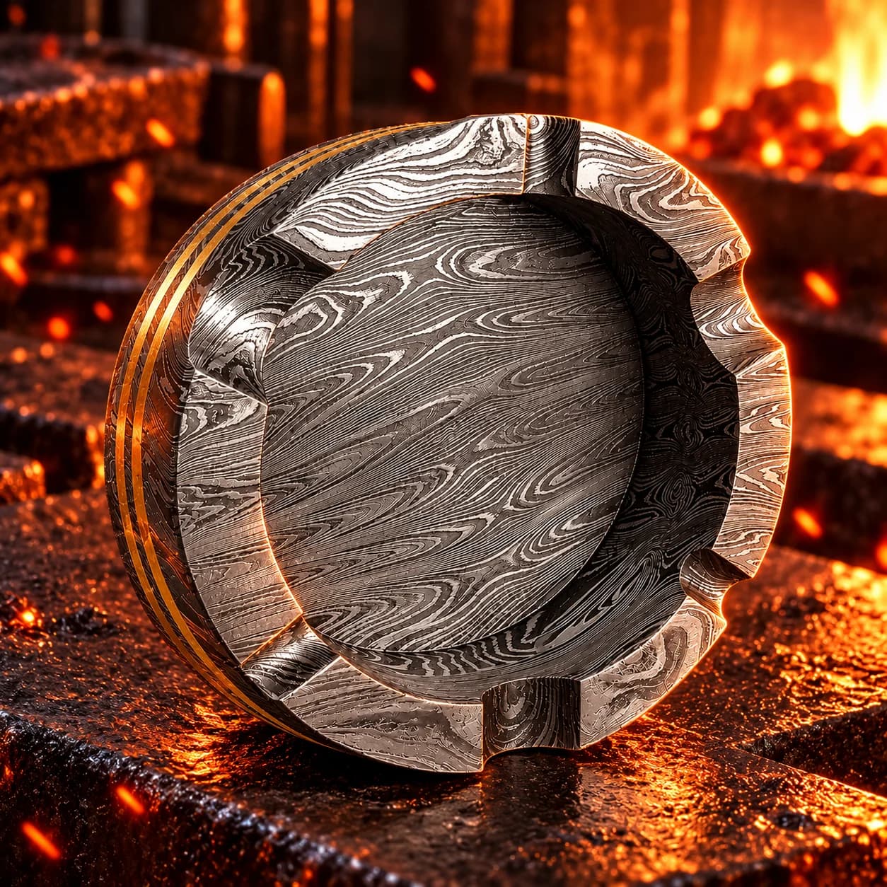Detailed view of the Damascus steel finish and edges