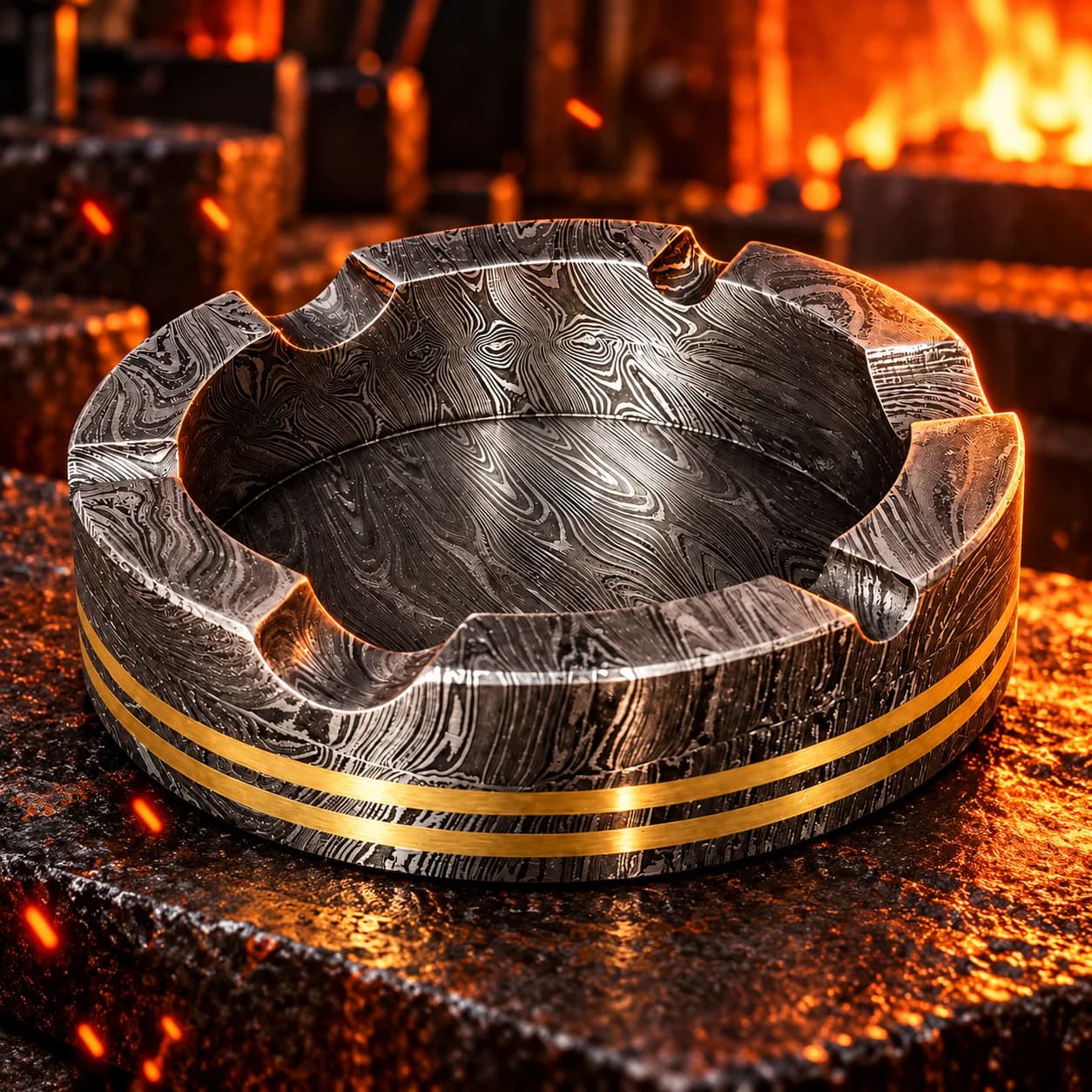 Modern square Damascus steel desktop ashtray