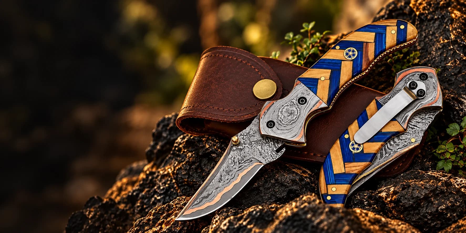 Custom Handmade Damascus Copper Steel Pocket Knife product presentation